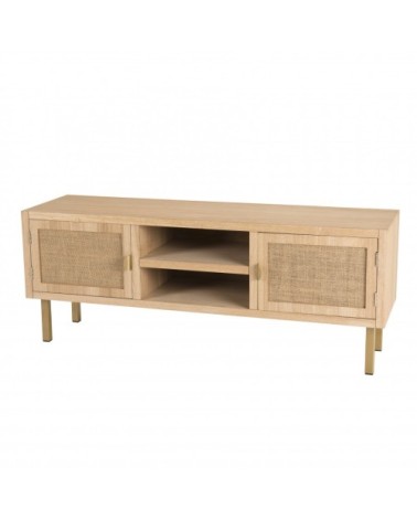 Meuble TV 2 niches 2 portes toile de jute pieds métal doré