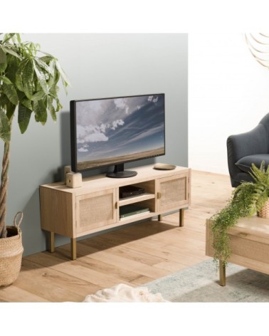 Meuble TV 2 niches 2 portes toile de jute pieds métal doré