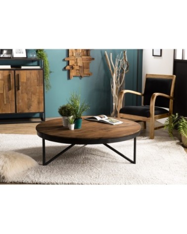 Table basse ronde en teck recyclé pieds métal D110