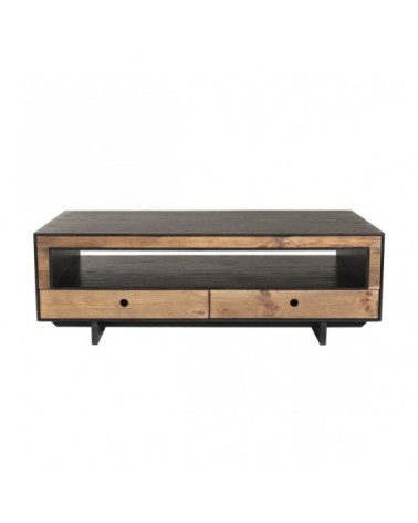 Table basse 4 tiroirs 1 niche en pin recyclé naturel et noir L135