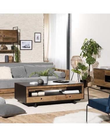 Table basse 4 tiroirs 1 niche en pin recyclé naturel et noir L135