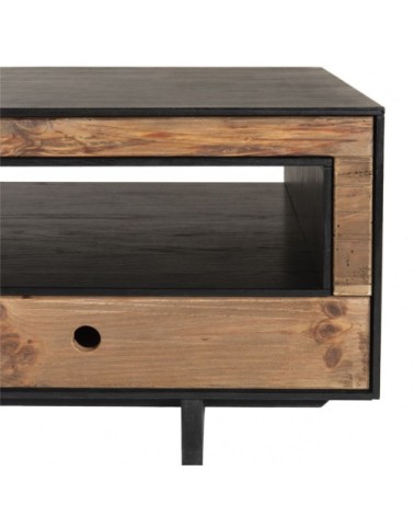 Table basse 4 tiroirs 1 niche en pin recyclé naturel et noir L135