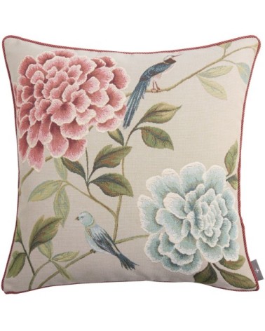 Housse de coussin tapisserie fleurs oiseaux bleus made in france gris