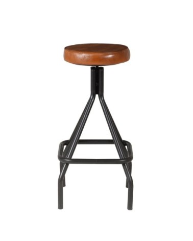 Tabouret de bar en cuir de chèvre marron et métal noir