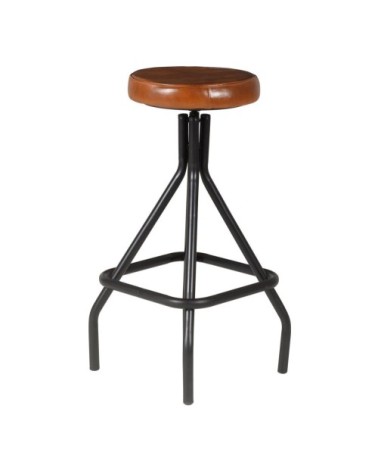 Tabouret de bar en cuir de chèvre marron et métal noir