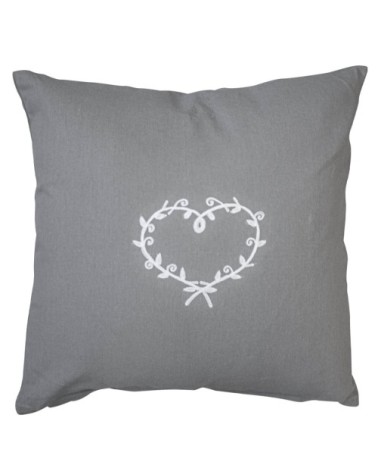 Coussin déhoussable au cur brodé coton gris brodé blanc 40 x 40