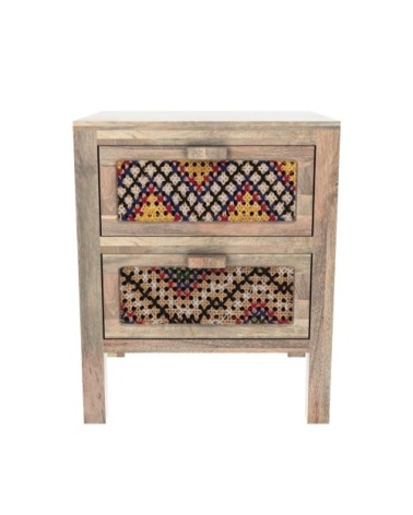 Table de chevet 2 tiroirs en manguier et cannage coloré