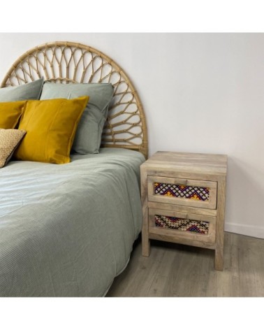 Table de chevet 2 tiroirs en manguier et cannage coloré