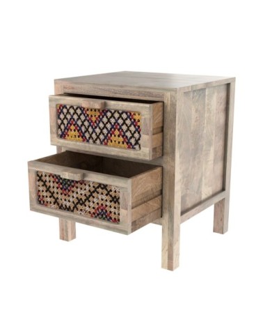 Table de chevet 2 tiroirs en manguier et cannage coloré