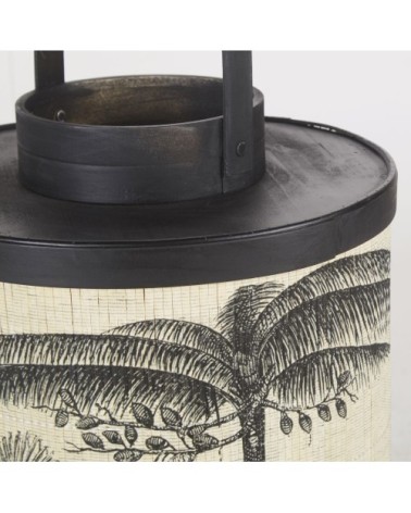 Lanterne en bois de sapin et bambou à motifs noirs et écrus