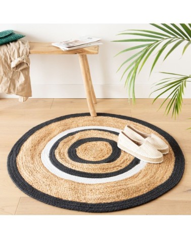 Tapis rond tissé en jute et en coton beige, écru et noir D90