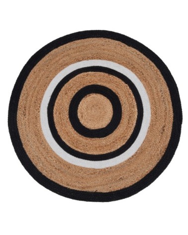 Tapis rond tissé en jute et en coton beige, écru et noir D90