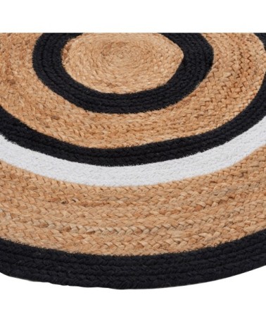 Tapis rond tissé en jute et en coton beige, écru et noir D90
