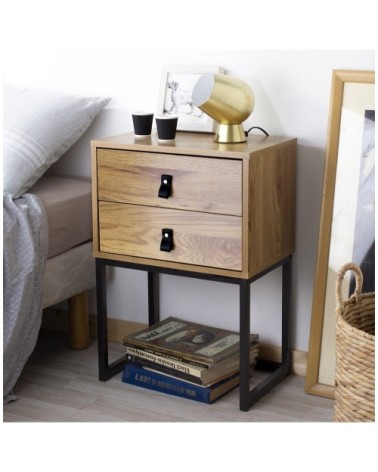 Chevet 2 tiroirs pieds métal effet chêne