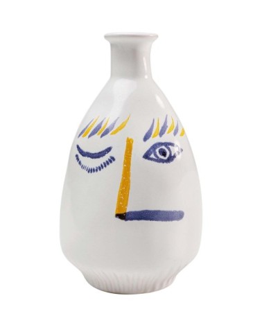 Vase visage en grès blanc, bleu et jaune H23