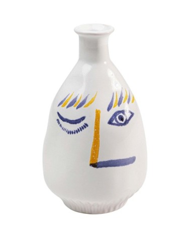 Vase visage en grès blanc, bleu et jaune H23