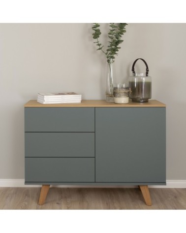 Buffet en bois 1 porte 3 tiroirs L109cm gris