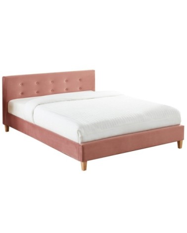Lit en velours rose blush 140x190 avec sommier à lattes et tête de lit