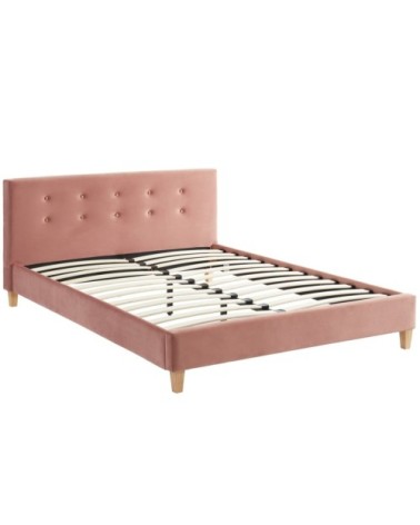 Lit en velours rose blush 140x190 avec sommier à lattes et tête de lit