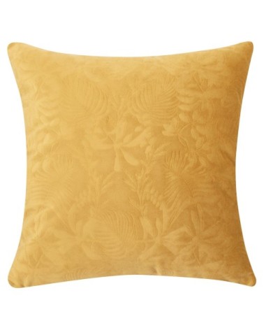 Housse de coussin en velours embossé feuillages jaune moutarde 40x40