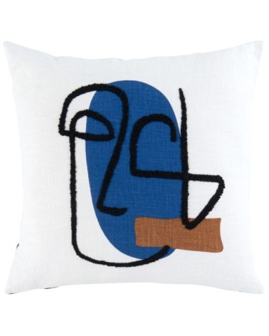 Housse de coussin à motifs en coton, ramie et lin écru, bleu et caramel 40x40