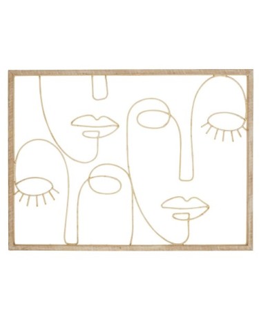 Déco murale visages abstraits en bois de pin et rotin beige 121x88