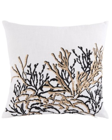 Housse de coussin en coton et ramie motifs brodés écrus, noirs et dorés 40x40