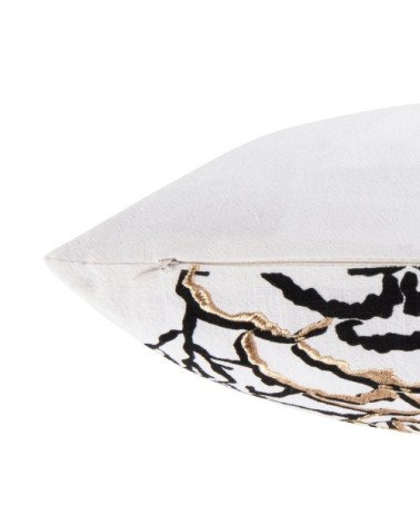 Housse de coussin en coton et ramie motifs brodés écrus, noirs et dorés 40x40
