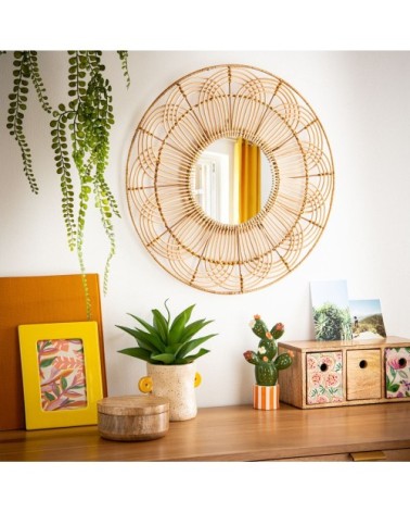 Miroir rond en rotin tressé beige D53