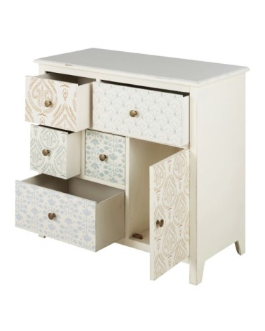 Cabinet de rangement 1 porte 5 tiroirs blanc motifs sérigraphiés multicolores