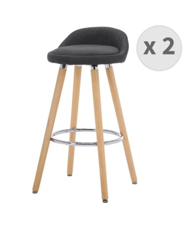 JENSEN - Tabouret de bar scandinave tissu anthracite pieds hêtre (x2)