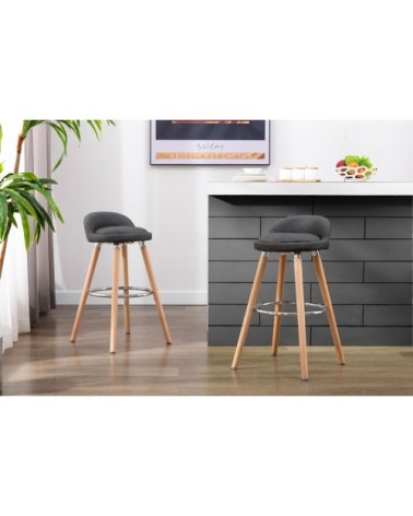 JENSEN - Tabouret de bar scandinave tissu anthracite pieds hêtre (x2)