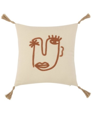 Housse de coussin en coton et jute motifs brodés écrus et marron 40x40