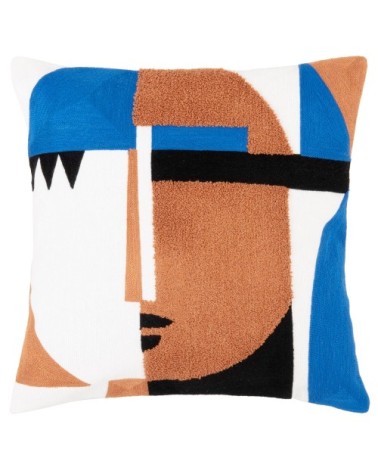 Housse de coussin en coton bleu, beige et écru 40x40