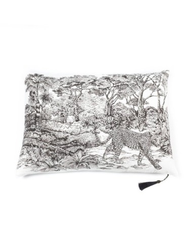 Coussin en lin pur lavé Toile de Jouy Léopard Blanc noir  50x70