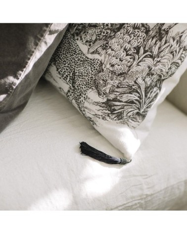 Coussin en lin pur lavé Toile de Jouy Léopard Blanc noir  50x70