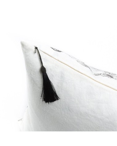 Coussin en lin pur lavé Toile de Jouy Léopard Blanc noir  50x70