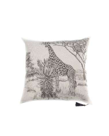 Coussin en lin pur lavé Toile de Jouy Beige noir 65x65