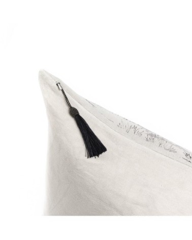 Coussin en lin pur lavé Toile de Jouy Beige noir 65x65