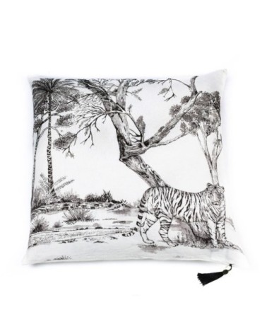 Coussin en lin pur lavé Toile de Jouy Blanc noir 65x65