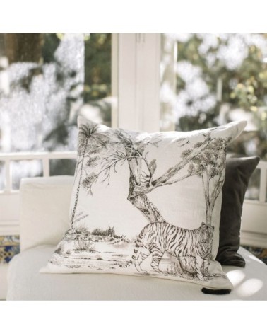 Coussin en lin pur lavé Toile de Jouy Blanc noir 65x65