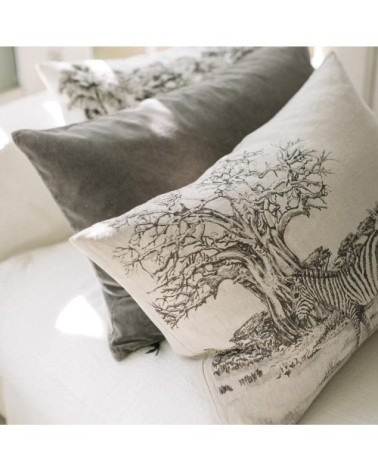 Coussin en lin pur lavé Toile de Jouy Zèbre Beige noir  50x70