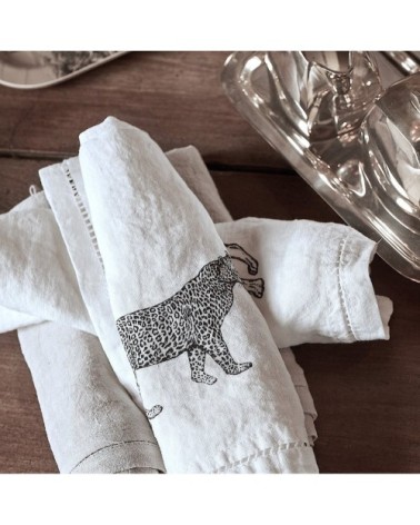 Serviette de table  Lin pur lavé Serengeti Blanc Noir 45x45