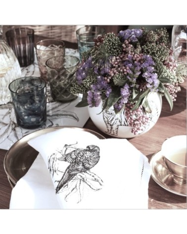 Serviette de table  Lin pur lavé Perroquet Blanc Noir 45x45