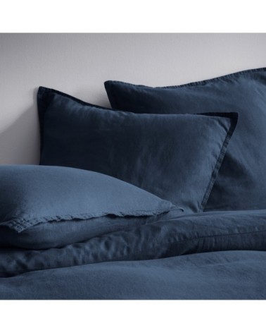 Set de 2 taies doreiller unies en lin lavé Bleu Marine 50x70cm