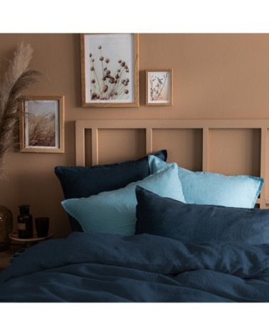 Set de 2 taies doreiller unies en lin lavé Bleu Marine 50x70cm