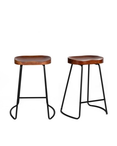 Lot de 2 tabourets de bar bois massif et métal 65cm bois foncé  et  no