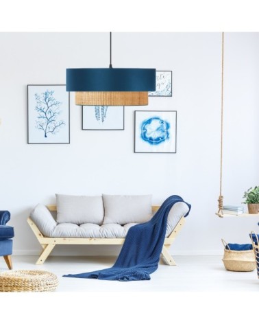 Suspension en coton  bleu canard et raphia Ø 40cm