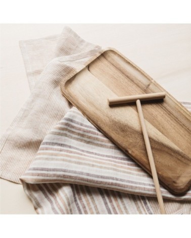 Torchon en lin lavé fines rayures rose/crème 45x70