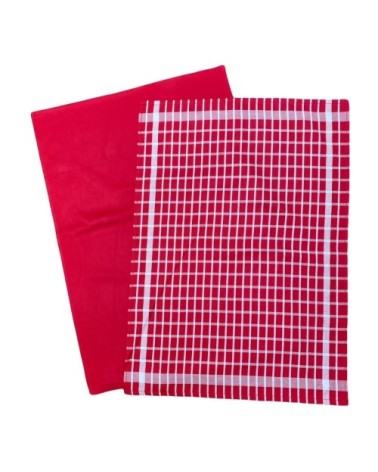 Deux Duos torchons assortis bicolores carreaux rouges 50 x 70